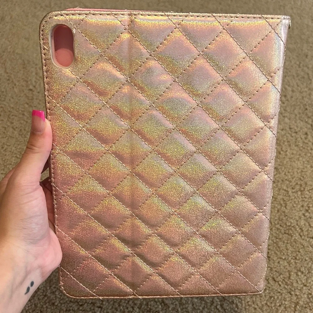 Holographic Quilted Tablet Case with Crown Accent - Pink